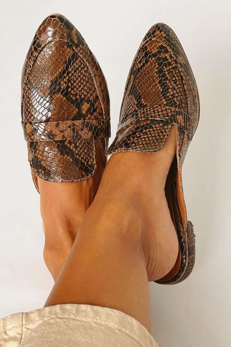 Faux Leather Snake Print Pointy Loafers [Pre Order]