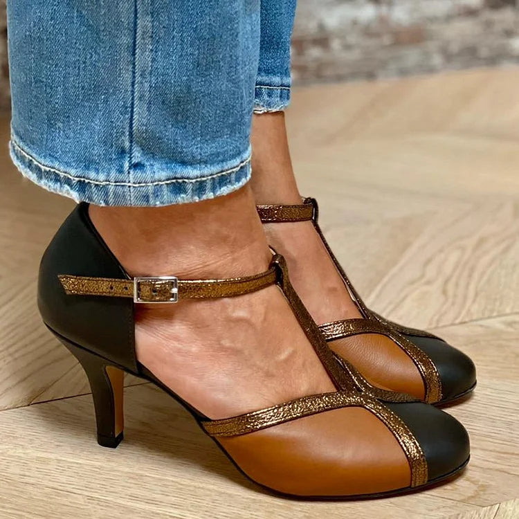 Colorblock Glitter T-Strap Brown Stiletto Heels