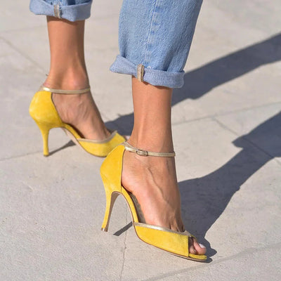 Color Contrast Edge T-Shaped Ankle Strap Peep Toe Stiletto Heels